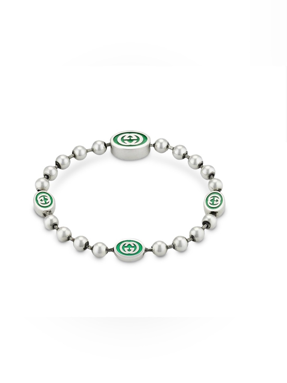 Gucci Unisex Sterling Silver Green Interlocking G Bead Bracelet Size 18 New